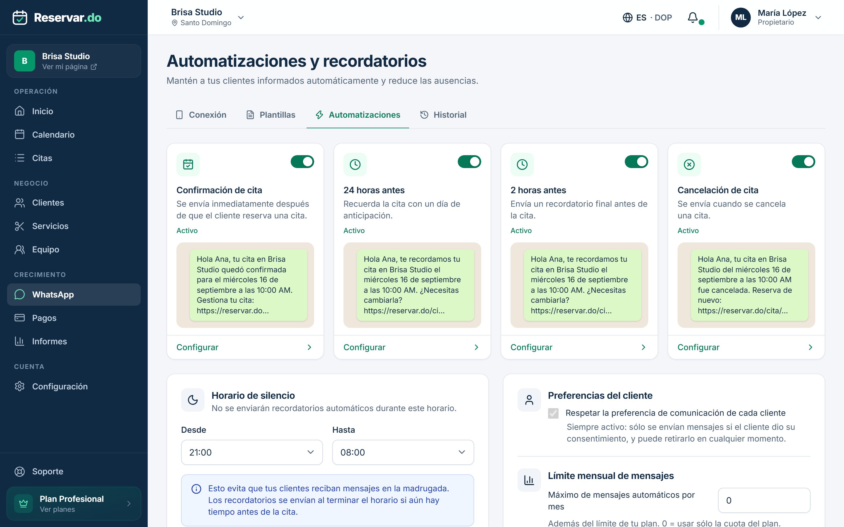 Confirmaciones y recordatorios que se envían solos