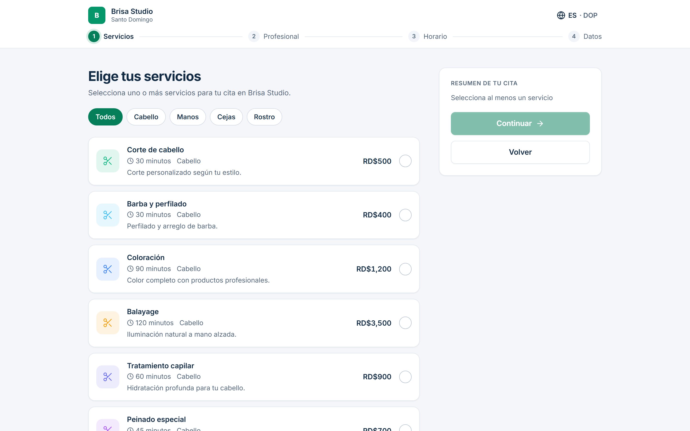 Página de reservas en el celular: el cliente elige la fecha y la hora disponibles