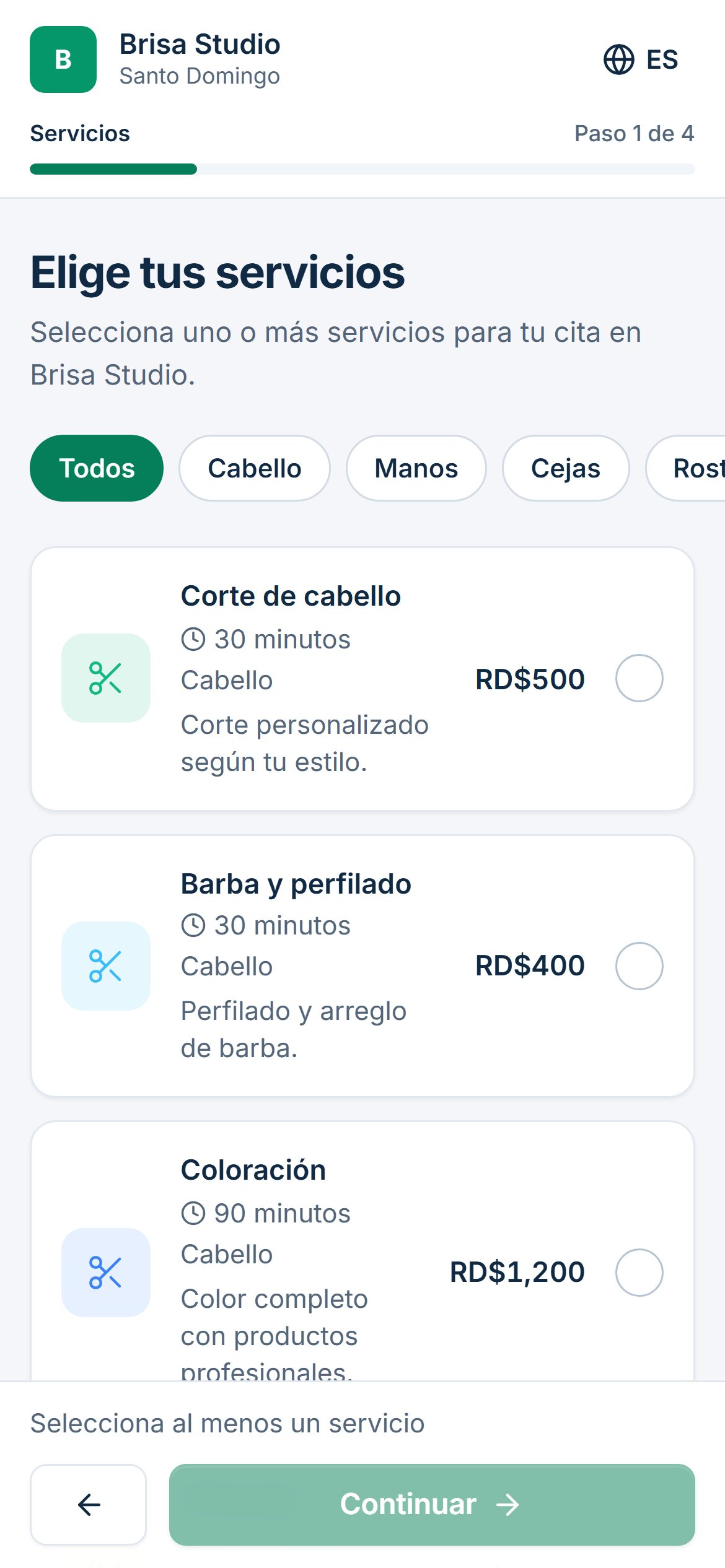 Página de reservas en el celular: el cliente elige la fecha y la hora disponibles