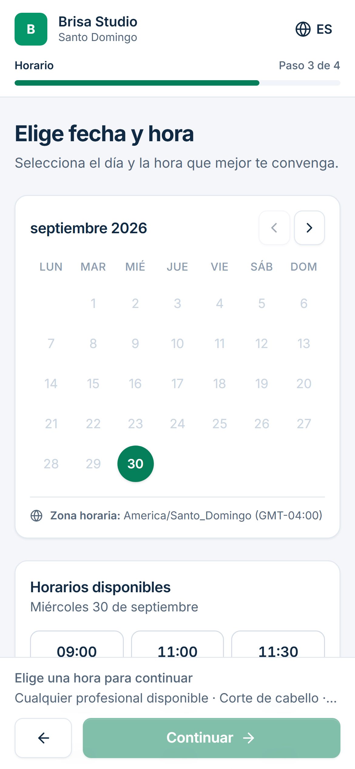Página de reservas en el celular: el cliente elige la fecha y la hora disponibles